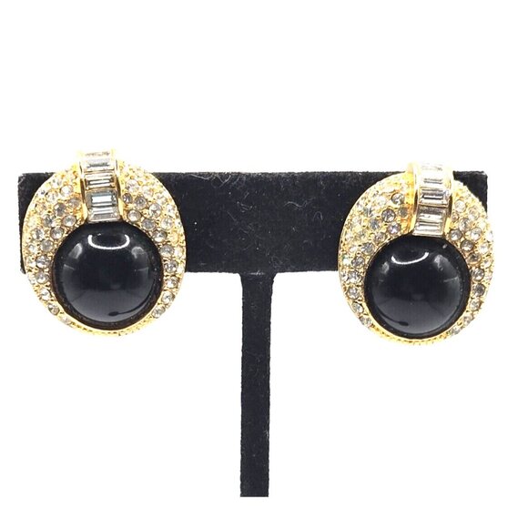 DIOR signed Rhinestone Baguette, Pave, Black Enamel Gold Plated Clip Earrings - Picture 2 of 5